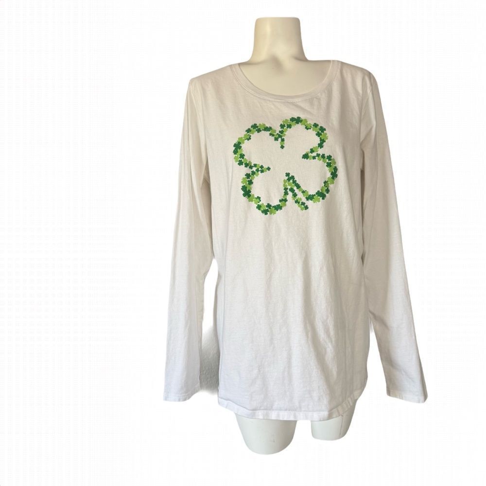 White Long Sleeve Shirt with Green Shamrock
